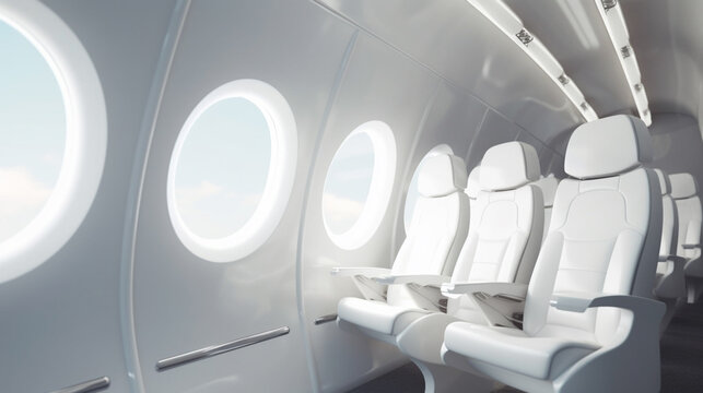 Airplane interior with white leather armchairs, several portholes with sky view Generated AI