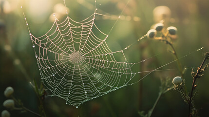 Dazzling Dewdrops on Spider Web: A Serene Garden Scene with Shimmering Pastel Florals and Soft Green Foliage Illuminated by Early Morning Sunlight - Generative AI