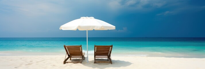 Beach chairs and an umbrella on a sandy beach, evoking a sense of relaxation and leisure. generative ai
