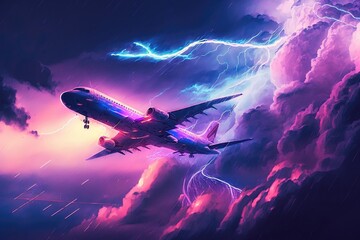 Fototapeta na wymiar plane flying in a colorful storm, generative AI