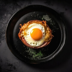 Croquemadame On A Black Abstraction Round Plate, French Dish. Generative AI