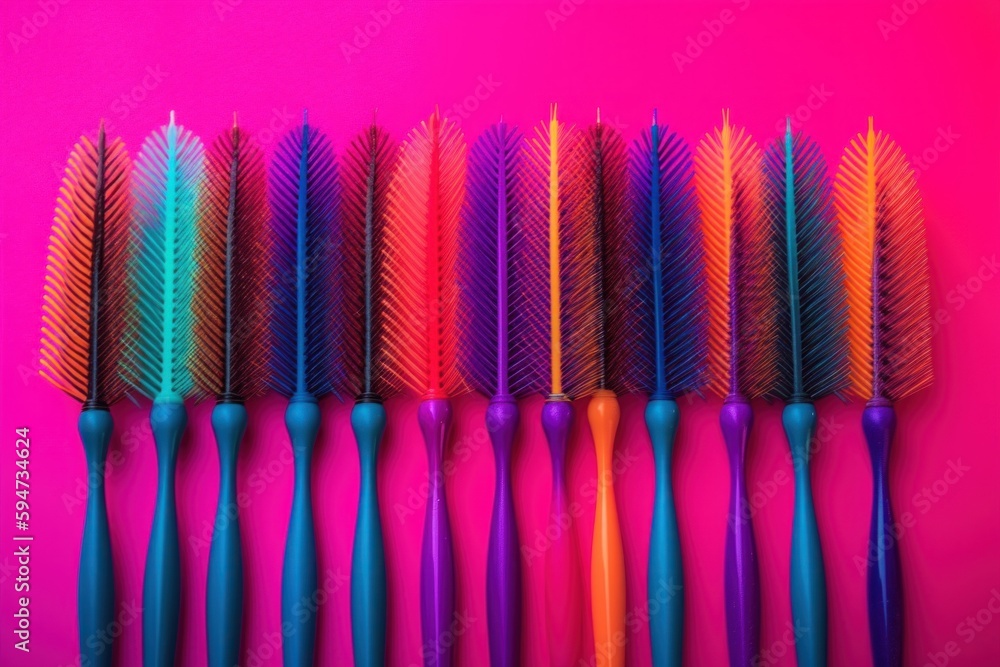 Poster a row of different colored brushes on a pink background. ai generative image.