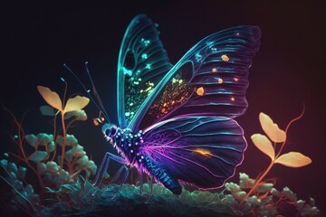 Fototapeta na wymiar neon colored butterfly, generative AI