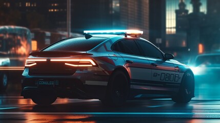 Blurred image of a police car that is moving fast on a city street. AI generated