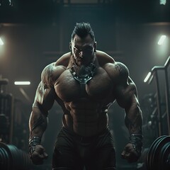 Fototapeta na wymiar strong man at the gym, bodybuilder, gym theme, generative ai