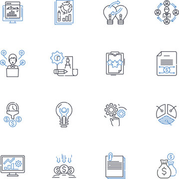 Roi computation line icons collection. Analysis, Metrics, Quantifiable, Assessment, Calculation, Projection, Revenue vector and linear illustration. Investment,Return,Cost outline signs set