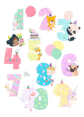 Birthday Numbers Animals and Kids. Party Fun Invitation for Kids Celebration Characters