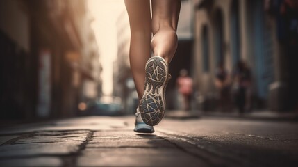 Close-up of sneakers on the street at sunset. Al generated