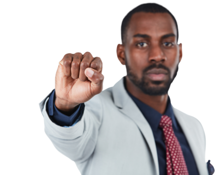Portrait, hand and BLM with a business man isolated on a transparent background in protest for equality. Fist, empowerment or human rights with an african male activist at a rally for politics on PNG - Powered by Adobe