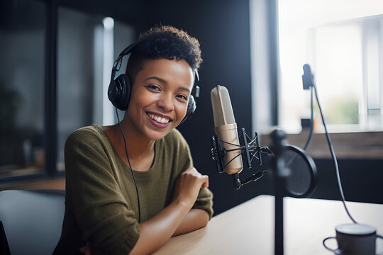 Young African American woman podcaster, Generative AI