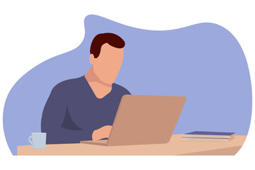 A man is sitting at a laptop. Online education concept, business concept. Background for the site, poster, brochure. Vector image