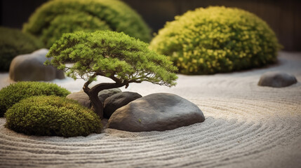 Japanese ZEN garden with stone in sand.ai generative - obrazy, fototapety, plakaty
