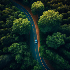 Aerial view green forest with blue car on asphalt road, drive on the road in trees