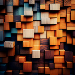 Aged colored wood blocks art texture abstract stack on the wall for background, colorful wood texture for backdrop