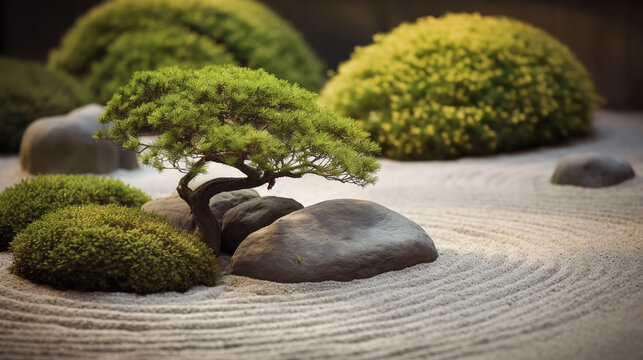 Japanese ZEN garden with stone in sand.ai generative