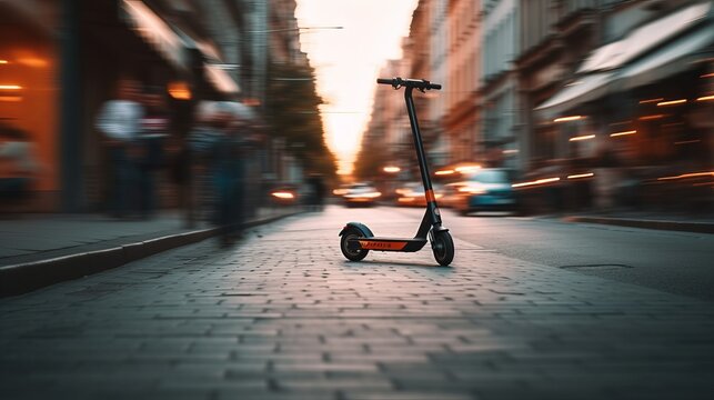 E-bikes, scooters safety. Riding e-scooter in urban environment close up. AI generated