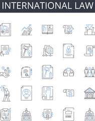 International law line icons collection. Maritime law, Corporate finance, Environmental science, Political science, Intellectual property, Criminal justice, Social policy vector and linear