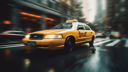 Fast moving in city taxi car, blurred motion. AI generated