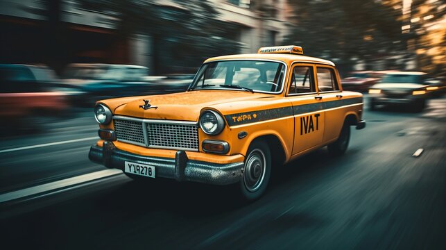 Fast moving in city taxi car, blurred motion. AI generated