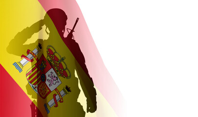 Silhouette of a saluting soldier with Spain flag on white background. EPS10 vector