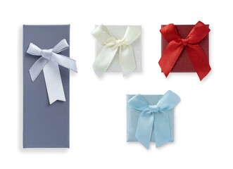 A set of bow-tied boxes or gift boxes in cream, blue, red and round, transparent backgrounds (illustrations).