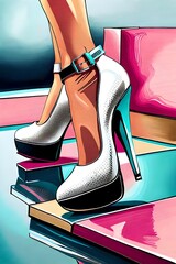 Watercolor white Luxury shoe high heel generative ai fashion illustration