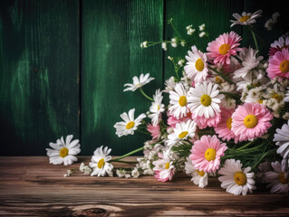 flowers on wooden background, bouquet of daisies on wooden background