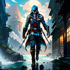 Assassin illustration character with city, fog, dark background,Generative AI