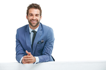 Business man, desk and portrait with smile for recruiting or we are hiring. Happiness, hr or executive manager and smiling for recruit, hire or advertisement isolated on a transparent, png background