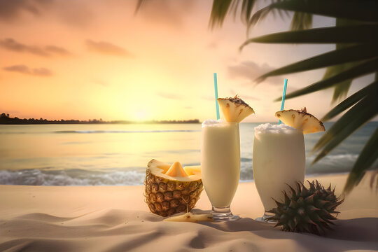 Tropical pina colada cocktail with pineapple, sunset on the sea, Generative AI 1
