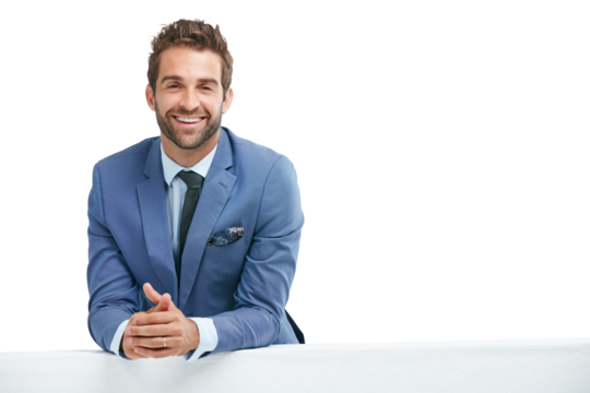 Business man, desk and portrait with smile for recruiting or we are hiring. Happiness, hr or executive manager and smiling for recruit, hire or advertisement isolated on a transparent, png background