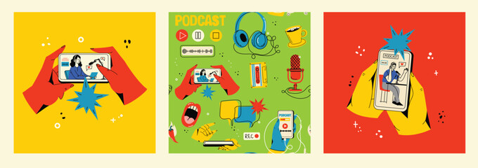 Concept of news, watching video online, podcast, talk show, tv application, live streaming. Hand holding smartphone with man with microphone on screen. Vector illustration in flat style