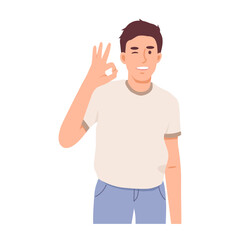 Satisfied and approved man showing ok gesture.  Flat vector illustration isolated on white background