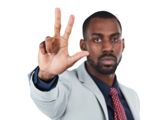 Portrait, hand and sign language with a business black man isolated on a transparent background showing three fingers. PNG, numbers and counting with a male manager or accountant giving a warning