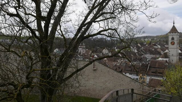 panning over the Munot famous landmark and  the Swiss city of Schaffhausen