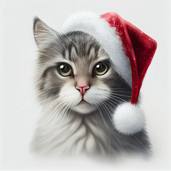 Portrait of a cat in a Santa hat on a white background. AIgenerated.