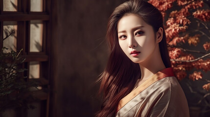 Fototapeta premium Illustration of a portrait of a Korean girl created as a generative artwork using AI.