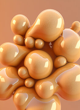 Generative AI illustration of abstract geometric background with shiny smooth orange drops on light surface