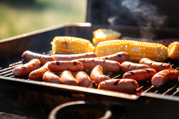 Grilled sausages and corn cobs are cooked on a barbecue grill, outdoors. Concept for May holidays BBQ, backyard party