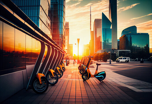 Bike sharing, scooter sharing - mobile personal electric transport in the business center of the city. AI generative.
