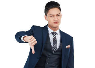 Portrait, thumbs down and PNG with a business asian man isolated on a transparent background for negative review. Feedback, fail and reject with an unhappy male employee showing a bad hand gesture