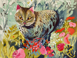 A colorful illustration of a cat surrounded by lush plants and vegetation Generative AI.