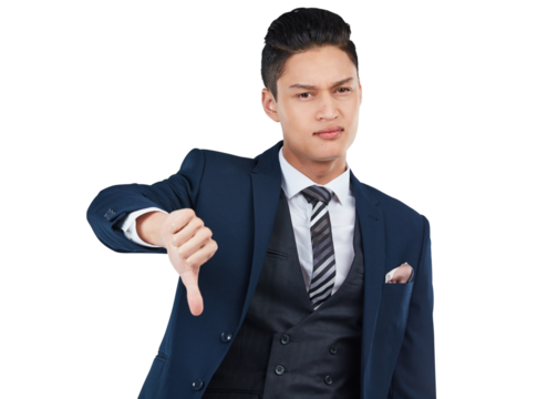 Portrait, thumbs down and PNG with a business asian man isolated on a transparent background for negative review. Feedback, fail and reject with an unhappy male employee showing a bad hand gesture