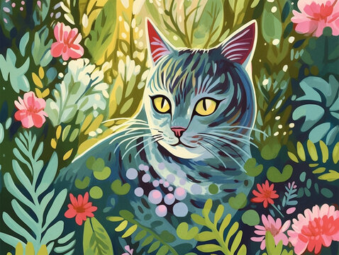 A colorful illustration of a cat surrounded by lush plants and vegetation Generative AI.