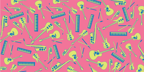 Music instruments illustration doodles - guitar, bass guitar, drums, piano and saxophone