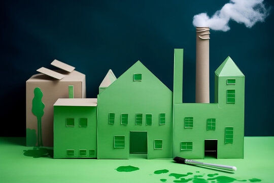 Greenwashing concept with crafted green cardboard factory. Generative AI illustration