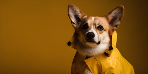 Fashionable corgi dog wearing yellow rain coat, looking at blank empty copy space, studio shot. AI generative