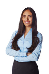 Corporate, portrait and woman arms crossed, smile and lady isolated against a transparent...