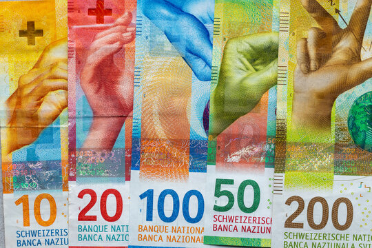 Various swiss francs banknotes, currency of switzerland, business and finance concept, money background
