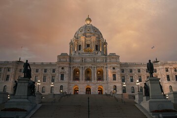 Beautiful dusk sky is illuminated in the background of the Minnesota State Capitol building